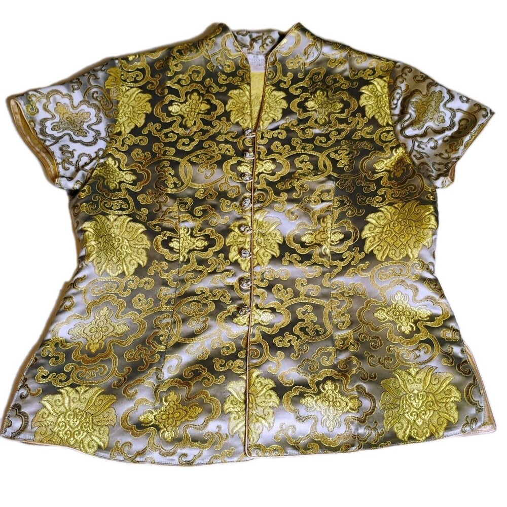 Qiong Yu 100% Silk‎ Brocade Chinese Cheongsam Top Blouse Sz L Gold Black Floral